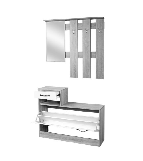 Mobile ingresso Rudolf XL con specchio e scarpiera colore cemento e bianco con maniglie nere