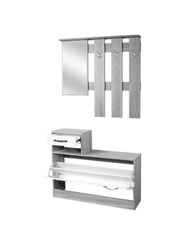 Mobile ingresso Rudolf XL con specchio e scarpiera colore cemento e bianco con maniglie nere