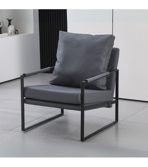Poltrona Gimmy in ecopelle grigio scuro e struttura in metallo nero
