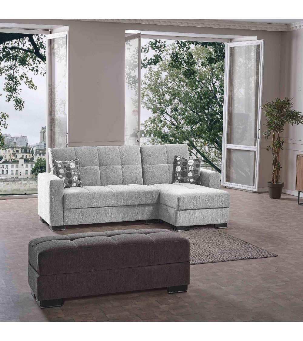 Divano letto con penisola Fermina Lounge con doppio contenitore in Crown 17 grigio chiaro