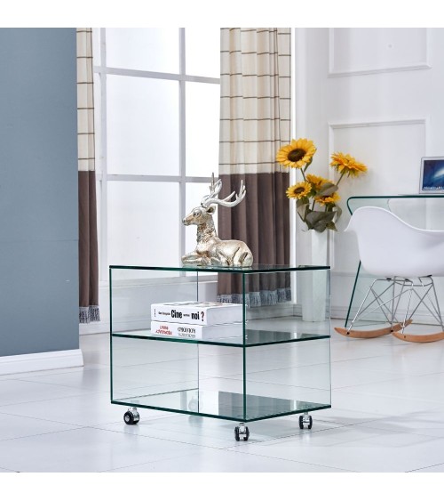Tavolino rettangolare Corniolo in vetro temperato con rotelle 60x40x53 H cm