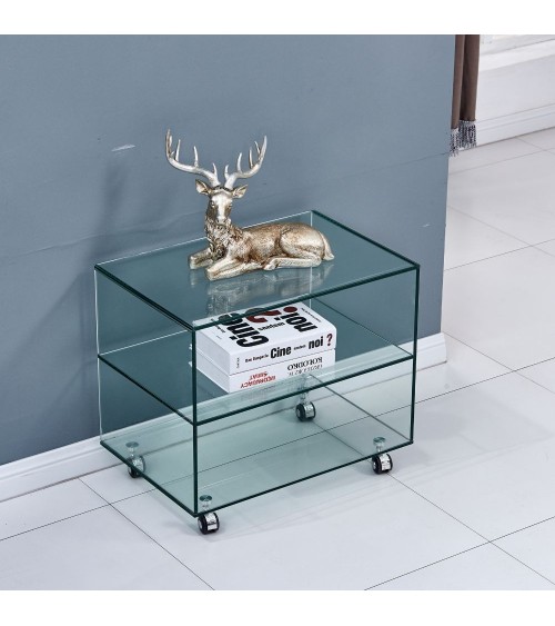 Tavolino rettangolare Corniolo in vetro temperato con rotelle 60x40x53 H cm