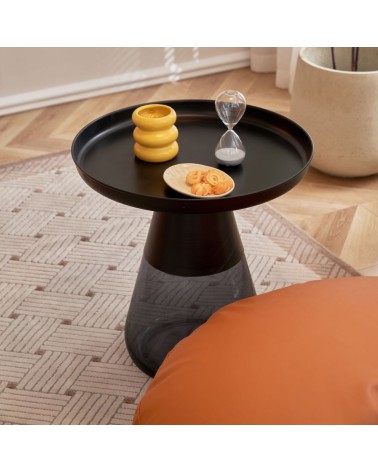 Tavolino Tiglio con base in vetro temperato e piano in ferro colore nero D 60 x H 43 cm.