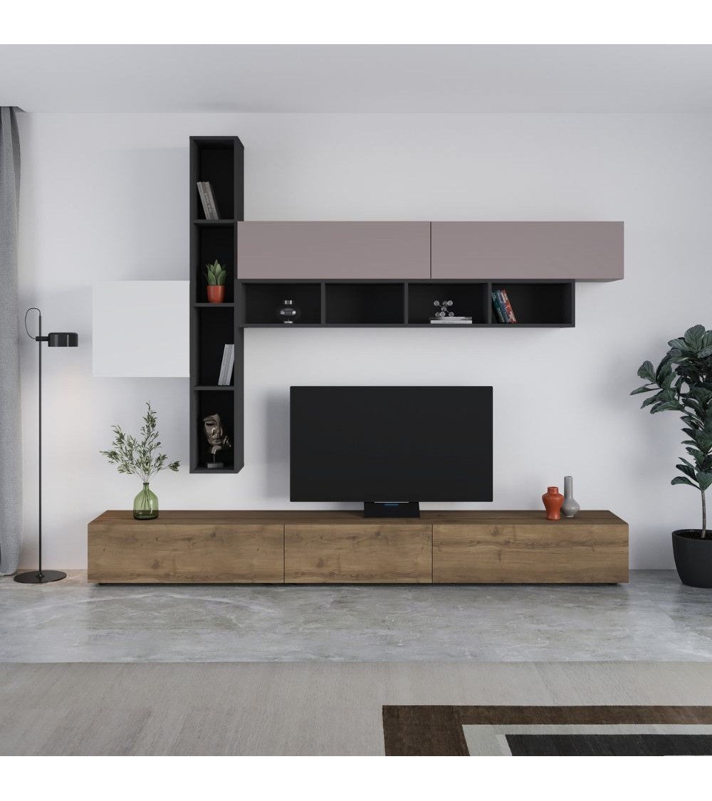 Parete attrezzata Fashion base colore hitit noce e pensili antracite, bianco e tortora  H 205x40x275 cm.