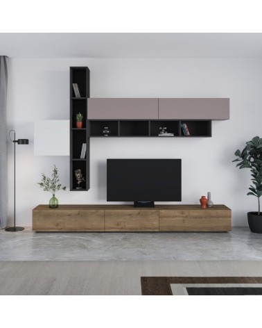 Parete attrezzata Fashion base colore hitit noce e pensili antracite, bianco e tortora  H 205x40x275 cm.