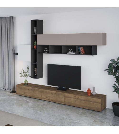 Parete attrezzata Fashion base colore hitit noce e pensili antracite, bianco e tortora  H 205x40x275 cm.