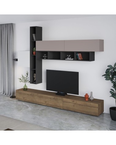 Parete attrezzata Fashion base colore hitit noce e pensili antracite, bianco e tortora  H 205x40x275 cm.