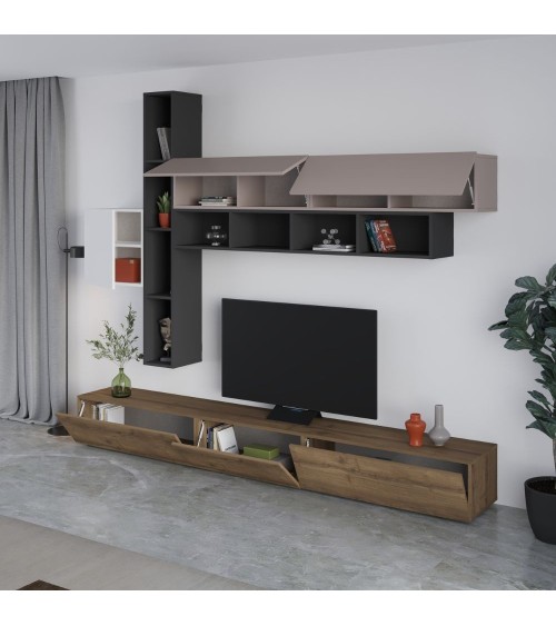 Parete attrezzata Fashion base colore hitit noce e pensili antracite, bianco e tortora  H 205x40x275 cm.