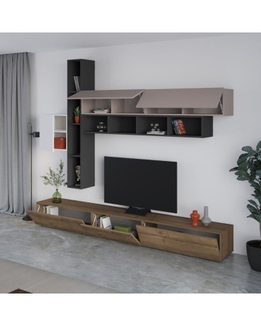 Parete attrezzata Fashion base colore hitit noce e pensili antracite, bianco e tortora  H 205x40x275 cm.
