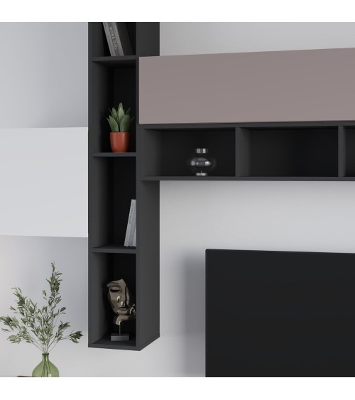 Parete attrezzata Fashion base colore hitit noce e pensili antracite, bianco e tortora  H 205x40x275 cm.