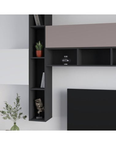 Parete attrezzata Fashion base colore hitit noce e pensili antracite, bianco e tortora  H 205x40x275 cm.
