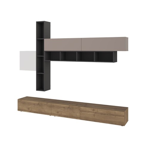 Parete attrezzata Fashion base colore hitit noce e pensili antracite, bianco e tortora  H 205x40x275 cm.