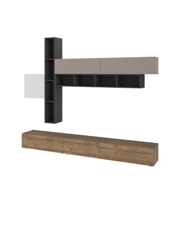 Parete attrezzata Fashion base colore hitit noce e pensili antracite, bianco e tortora  H 205x40x275 cm.