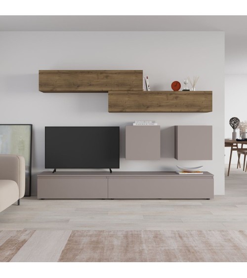 Parete attrezzata Licia in tortora e hitit noce H 186x40x250 cm.
