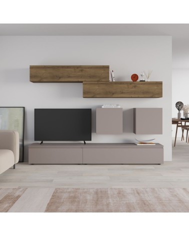 Parete attrezzata Licia in tortora e hitit noce H 186x40x250 cm.