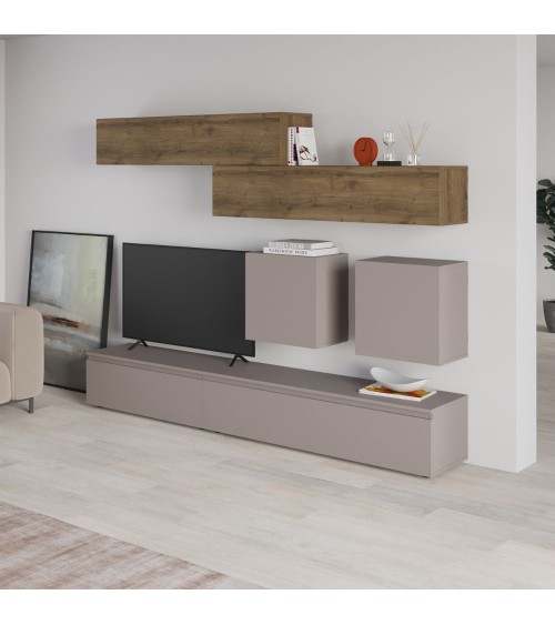 Parete attrezzata Licia in tortora e hitit noce H 186x40x250 cm.