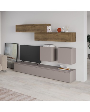 Parete attrezzata Licia in tortora e hitit noce H 186x40x250 cm.
