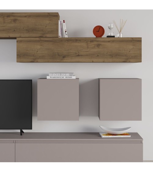 Parete attrezzata Licia in tortora e hitit noce H 186x40x250 cm.