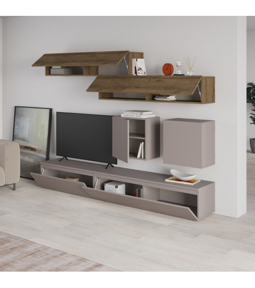 Parete attrezzata Licia in tortora e hitit noce H 186x40x250 cm.