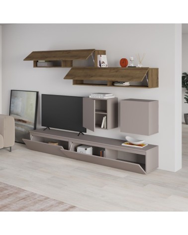 Parete attrezzata Licia in tortora e hitit noce H 186x40x250 cm.