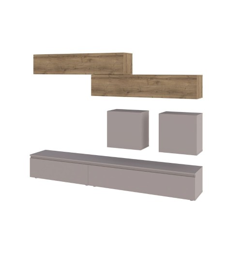 Parete attrezzata Licia in tortora e hitit noce H 186x40x250 cm.