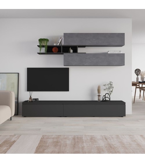 Parete attrezzata Venus colore antracite e cemento H 206.10x40x250 cm.