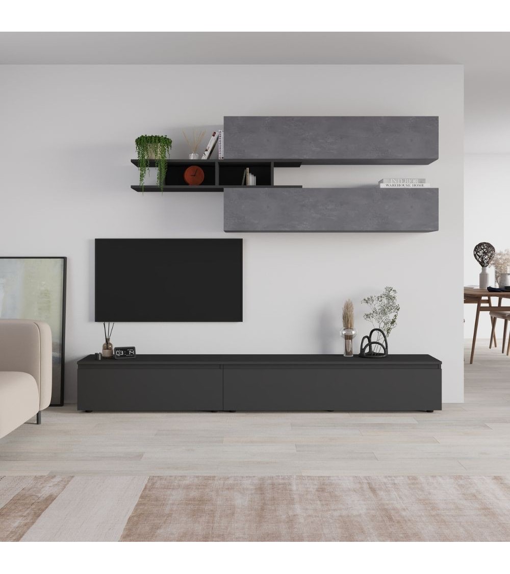 Parete attrezzata Venus colore antracite e cemento H 206.10x40x250 cm.
