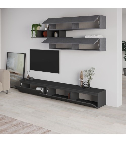 Parete attrezzata Venus colore antracite e cemento H 206.10x40x250 cm.