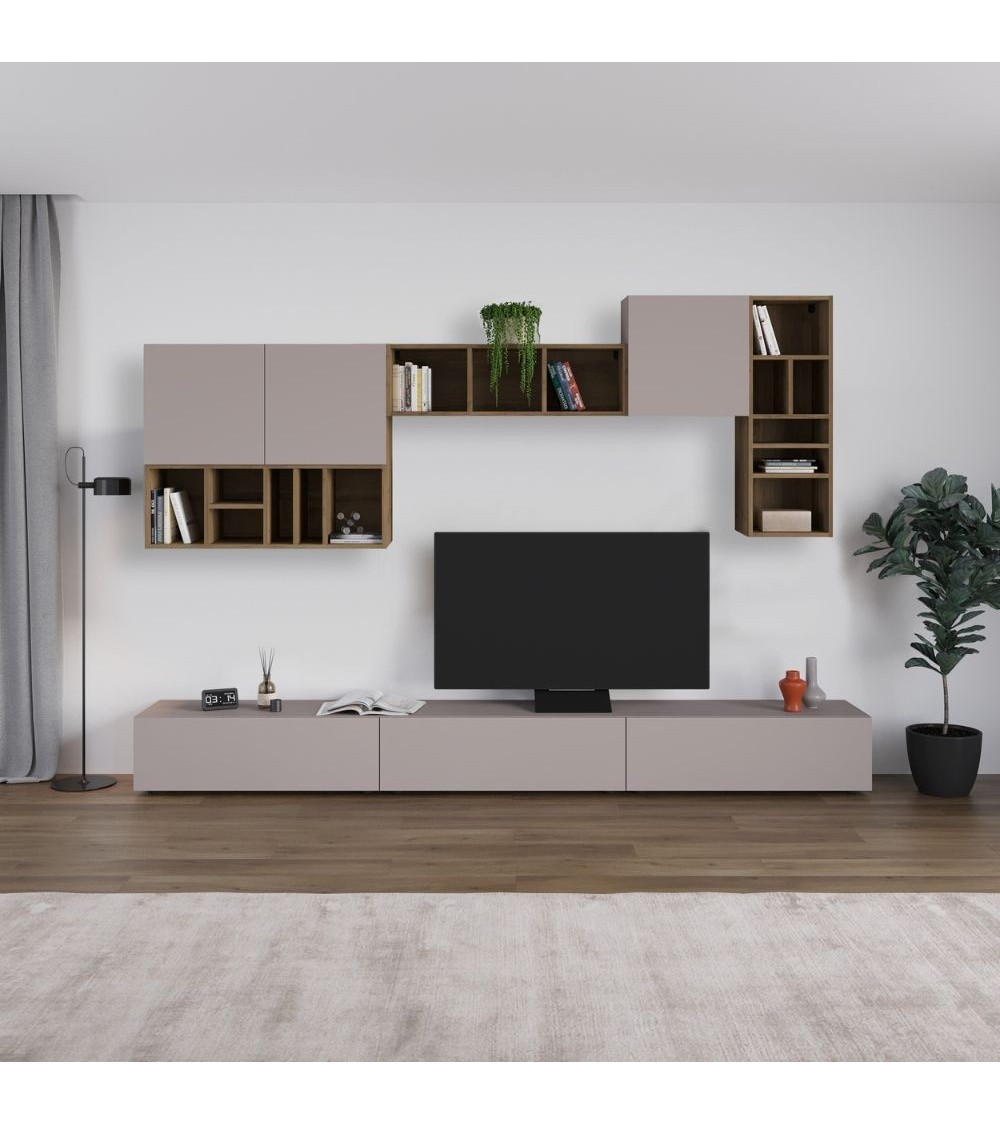 Parete attrezzata Big colore tortora e hitit noce H 192x32.50x300 cm