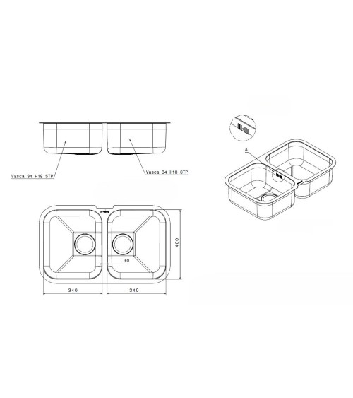 Lavello Smeg UM3434 sottotop 76x45 cm 2 vasche inox