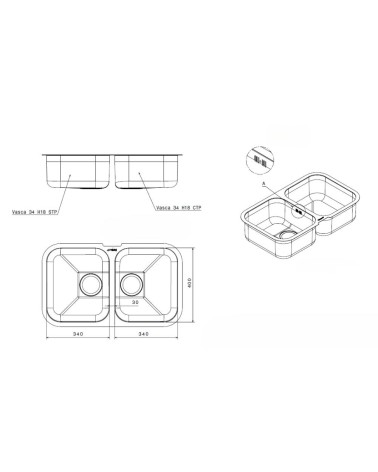 Lavello Smeg UM3434 sottotop 76x45 cm 2 vasche inox