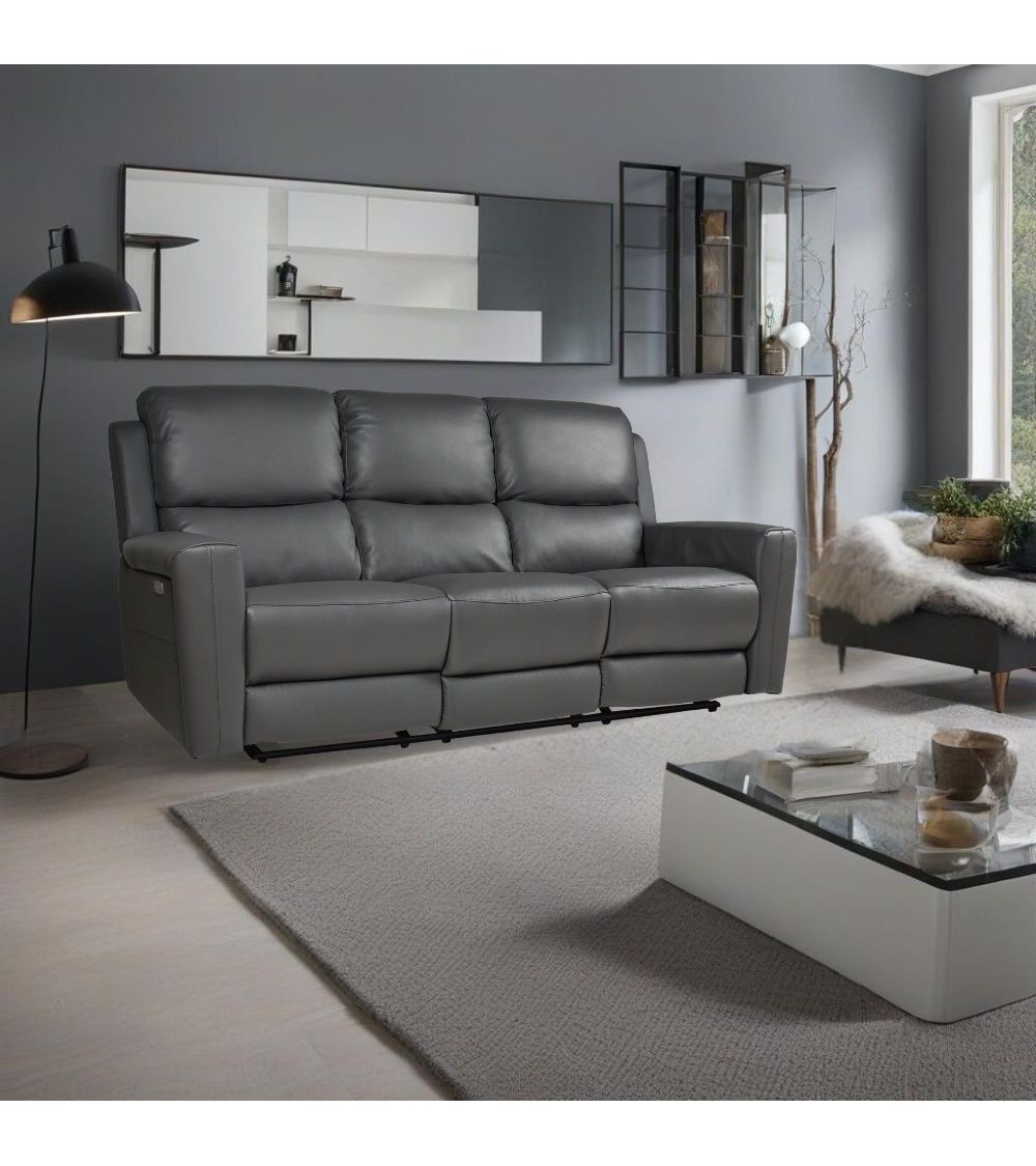 Divano recliner elettrici Claus 3 posti in vera pelle colore grigio scuro