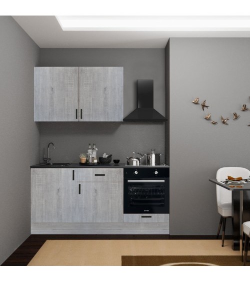 Cucina Asti 180 cm. reversibile elettrodomestici inclusi colore rovere grigio chiaro e maniglie in metallo nero