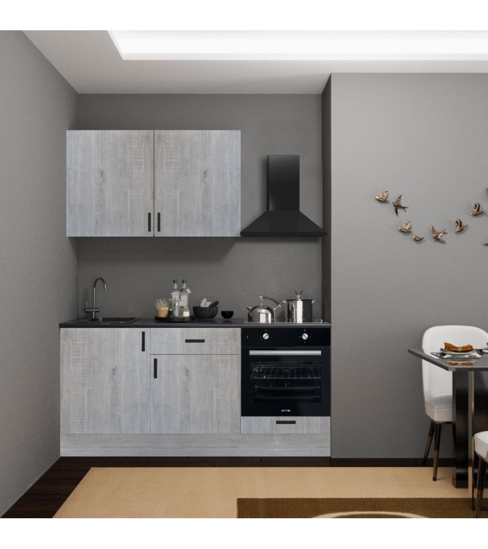 Cucina Asti 180 cm. reversibile elettrodomestici inclusi colore rovere grigio chiaro e maniglie in metallo nero