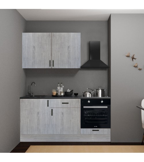 Cucina Asti 180 cm. reversibile elettrodomestici inclusi colore rovere grigio chiaro e maniglie in metallo nero