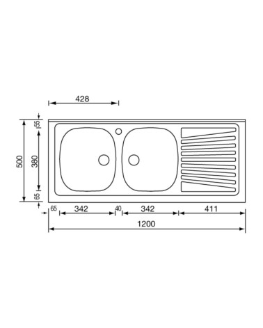 Lavello appoggio Mondial 120x50 con 2 vasche a sinistra e gocciolatoio destro con alzatina inox