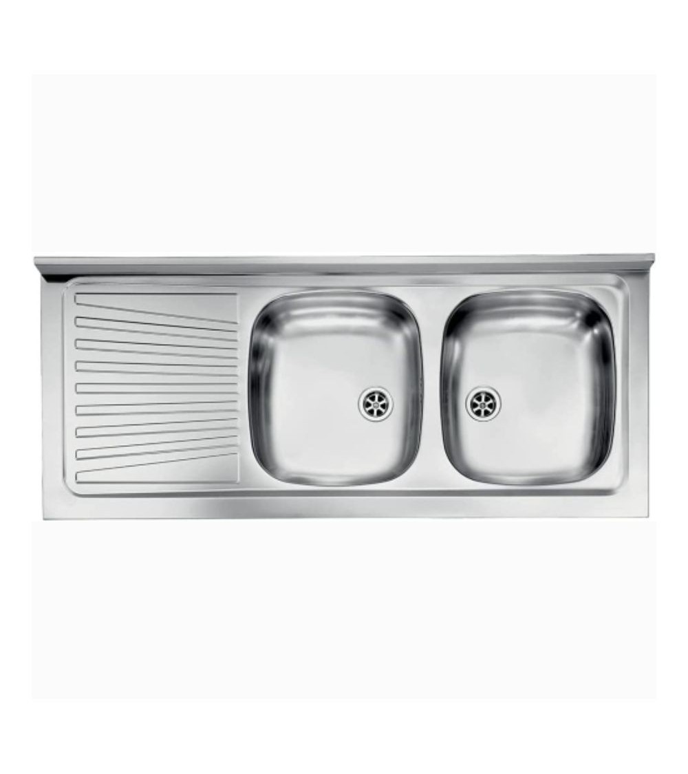 Lavello appoggio Mondial 120x50 con 2 vasche a destra e gocciolatoio sinistro con alzatina inox