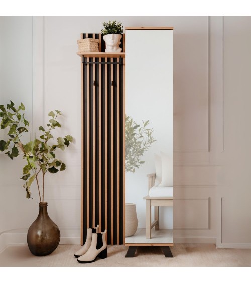 Mobile ingresso Medan 42A cannettato con specchio e 4 ripiani interni colore quercia e antracite