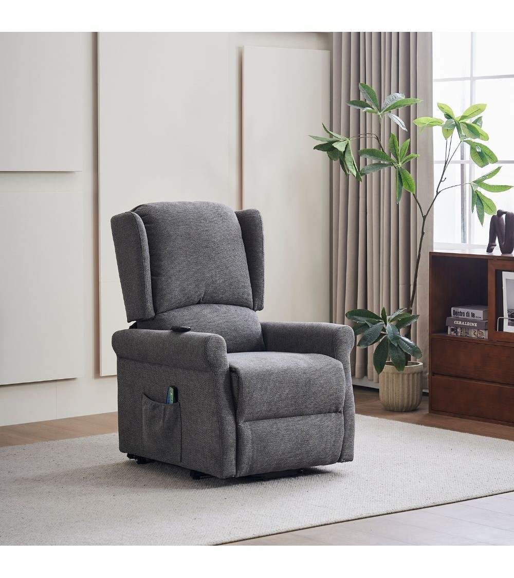 Poltrona alzapersona Tasmania con recliner elettrico 2 motori e 8 punti di massaggio in tessuto grigio