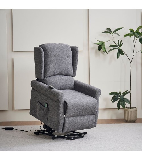 Poltrona alzapersona Tasmania con recliner elettrico 2 motori e 8 punti di massaggio in tessuto grigio