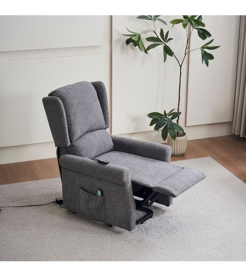 Poltrona alzapersona Tasmania con recliner elettrico 2 motori e 8 punti di massaggio in tessuto grigio