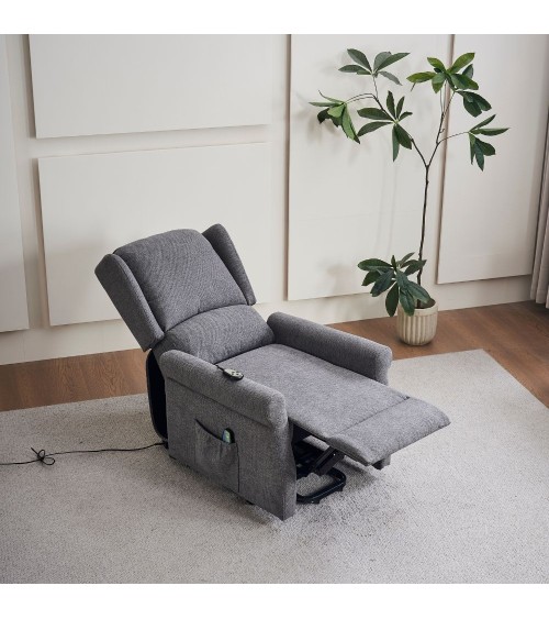 Poltrona alzapersona Tasmania con recliner elettrico 2 motori e 8 punti di massaggio in tessuto grigio