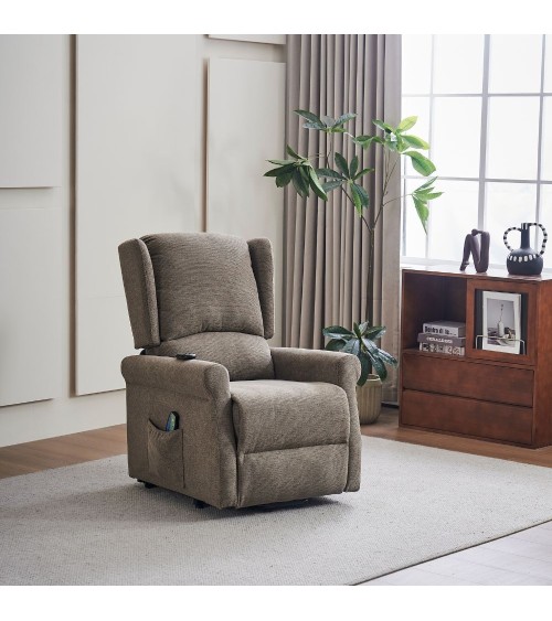 Poltrona alzapersona Tasmania con recliner elettrico 2 motori e 8 punti di massaggio in tessuto coffee