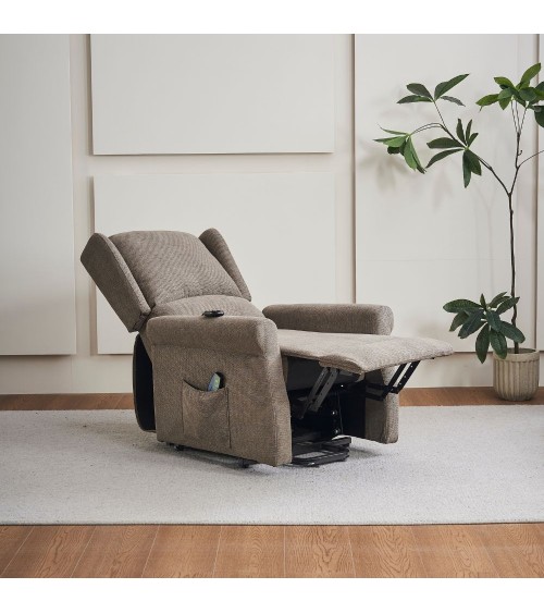 Poltrona alzapersona Tasmania con recliner elettrico 2 motori e 8 punti di massaggio in tessuto coffee