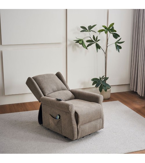 Poltrona alzapersona Tasmania con recliner elettrico 2 motori e 8 punti di massaggio in tessuto coffee