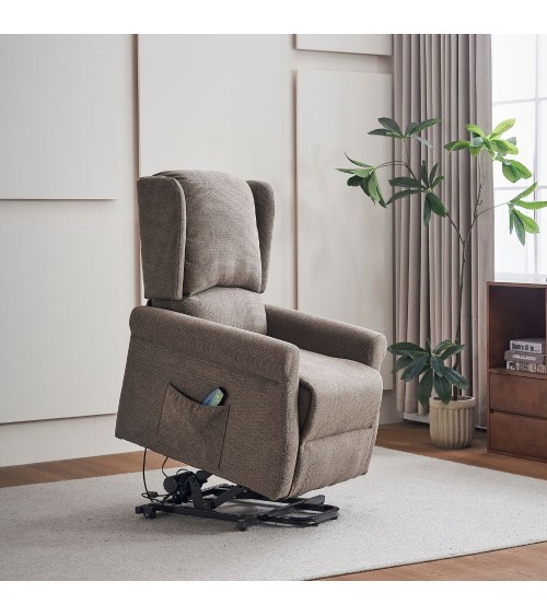 Poltrona alzapersona Tasmania con recliner elettrico 2 motori e 8 punti di massaggio in tessuto coffee