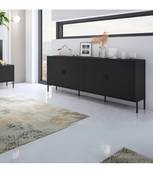 Madia Lotus 4 ante nera opaco cannettate con piedini e maniglie nere