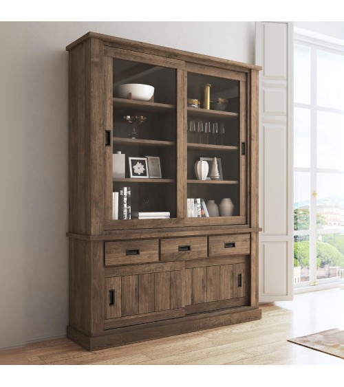 Vetrina Anthony III con 2 ante vetro e 3 cassetti colore noce eastwood stile shabby