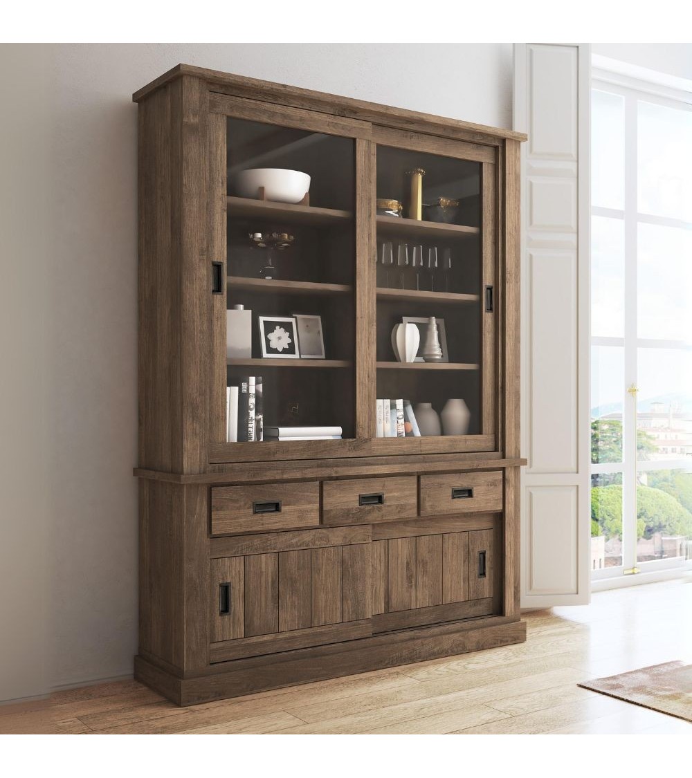 Vetrina Anthony III con 2 ante vetro e 3 cassetti colore noce eastwood stile shabby