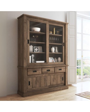Vetrina Anthony III con 2 ante vetro e 3 cassetti colore noce eastwood stile shabby